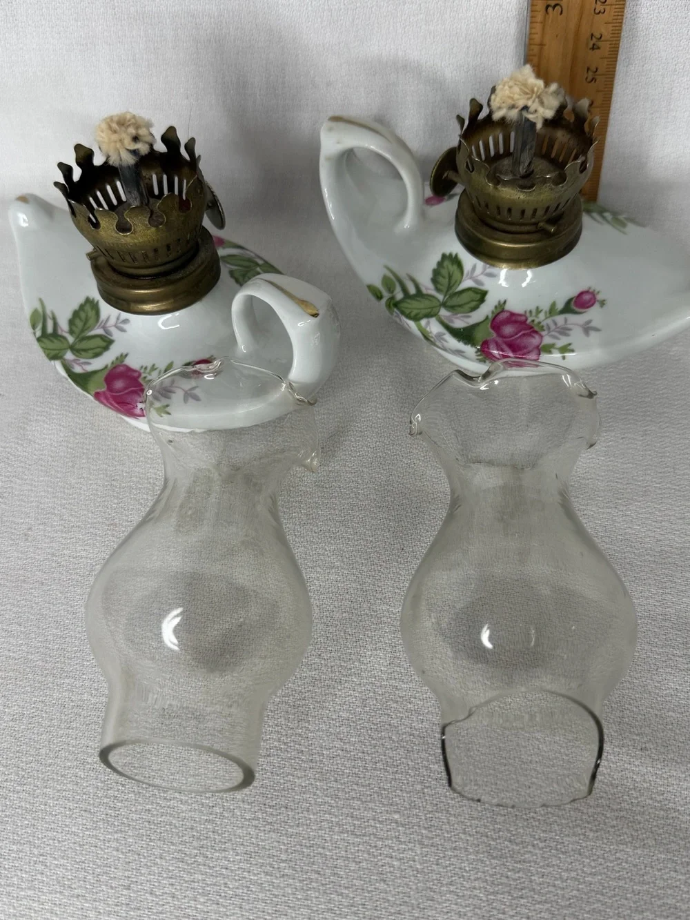 Aladdin Oil Lamps Moss Rose Ceramic Glass Hurricane Globes 6”